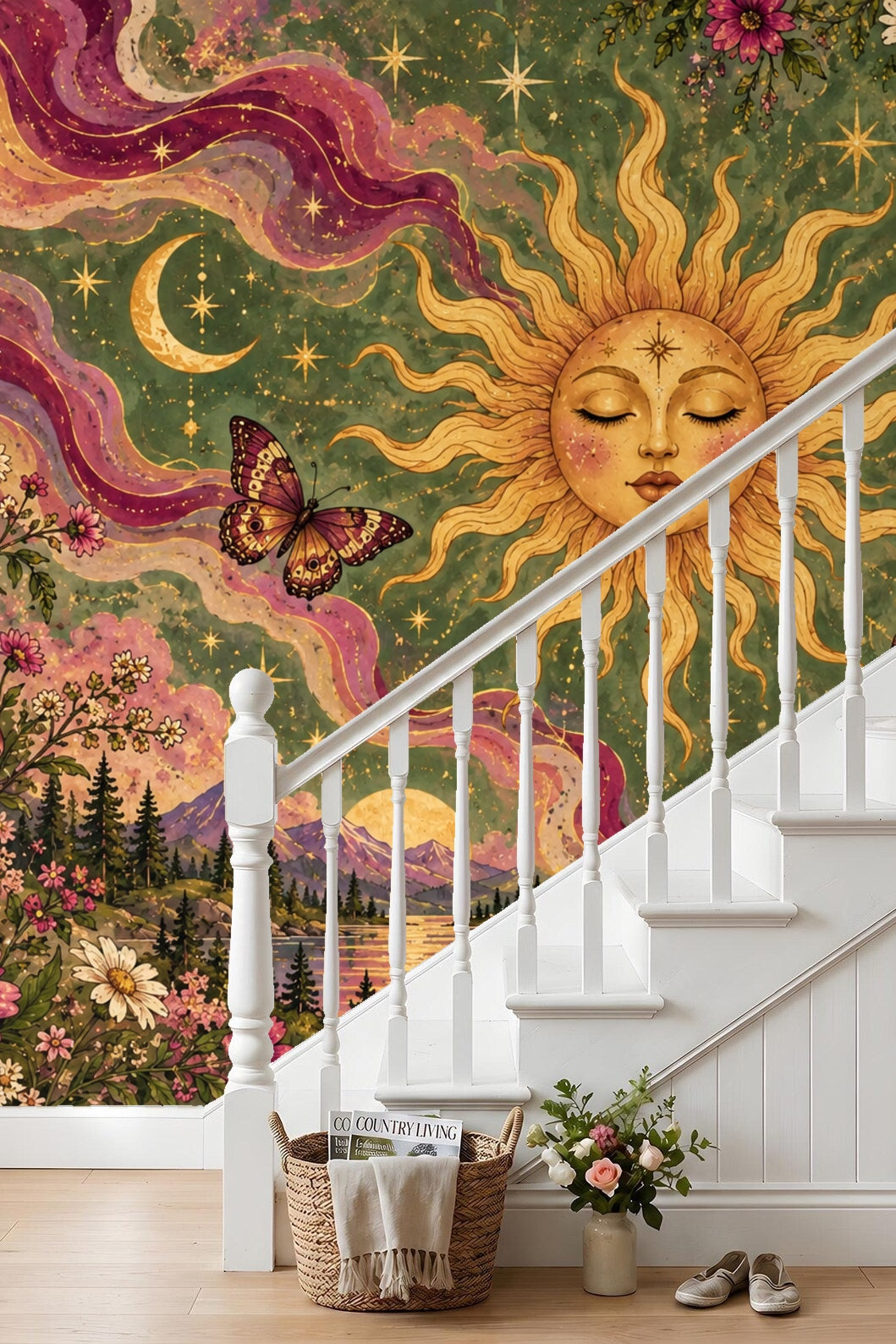 Decorative floral and star motifs in vintage style wallpaper