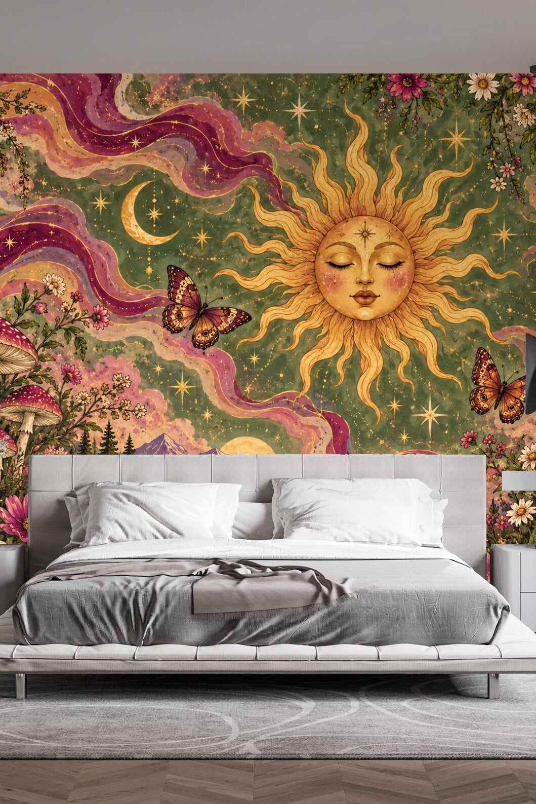 Whimsical wallpaper featuring butterflies, crescent moons, and starry night sky