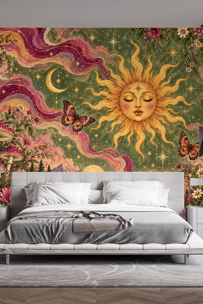 Whimsical wallpaper featuring butterflies, crescent moons, and starry night sky