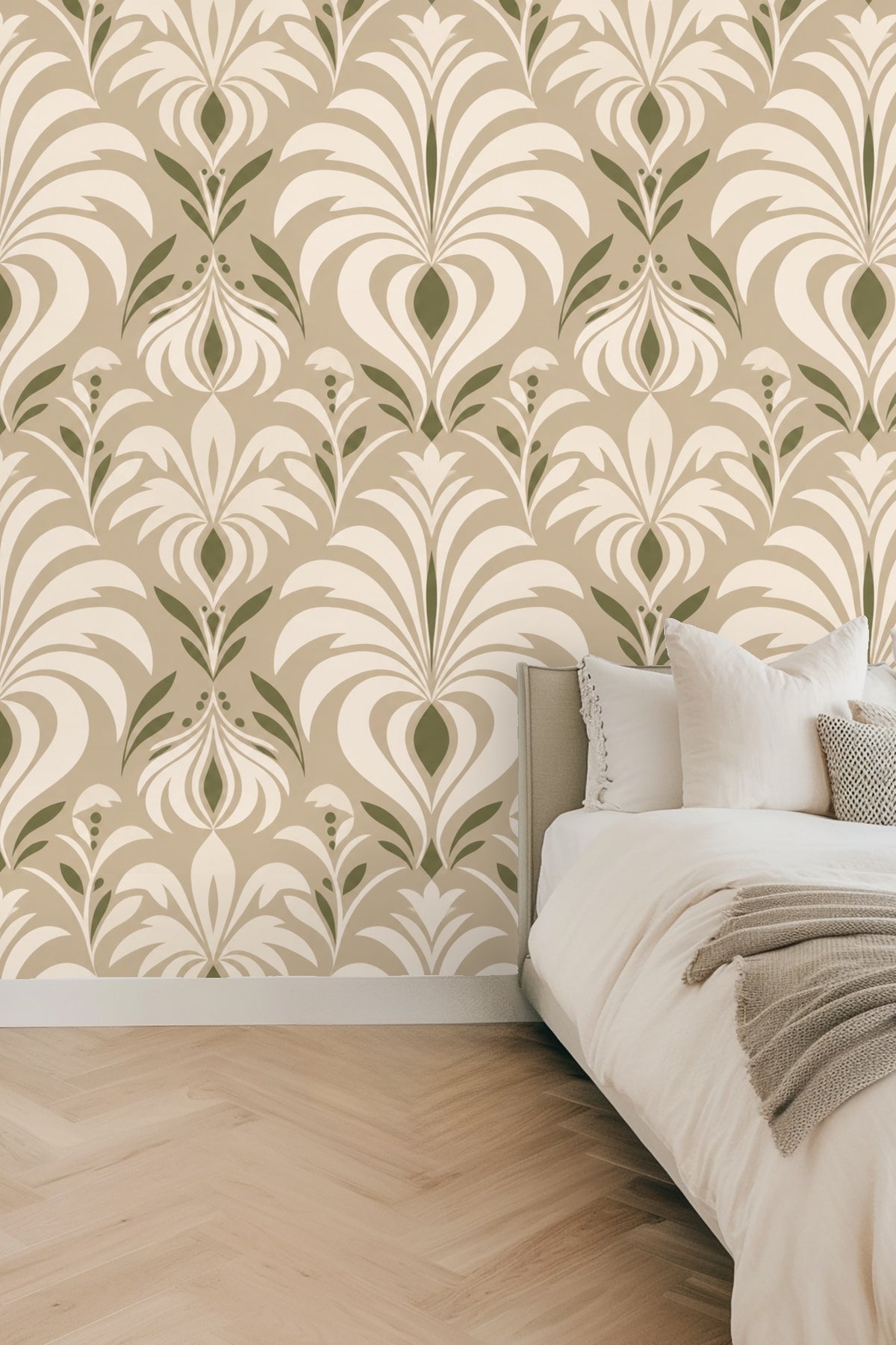 Wallpaper detail showing symmetrical leaf design in Olive Grove Deco