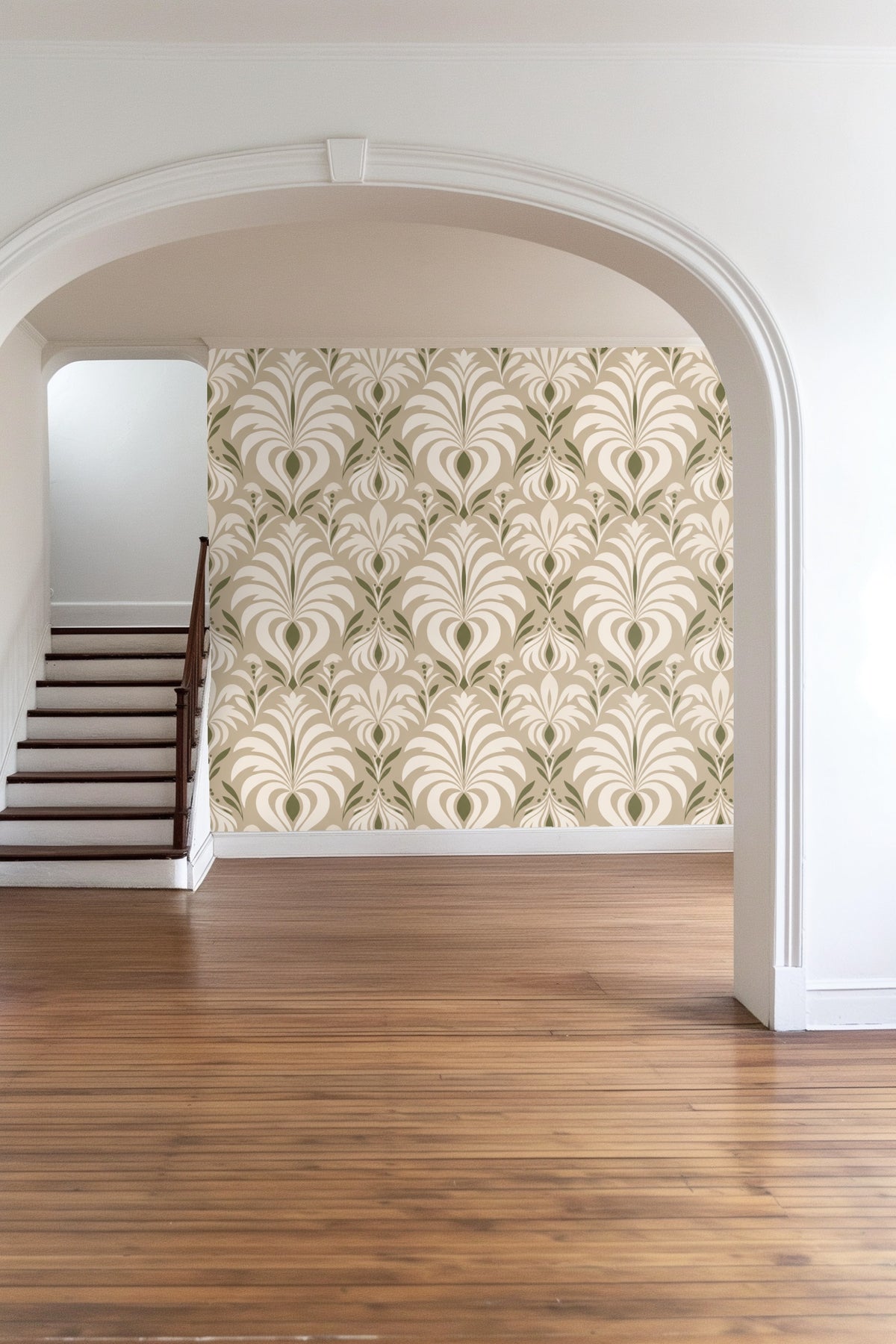 Green and cream stylized botanical wallpaper pattern on beige background