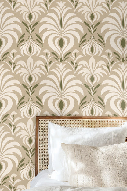 Olive Grove Deco wallpaper corner with light wood crib and white floor