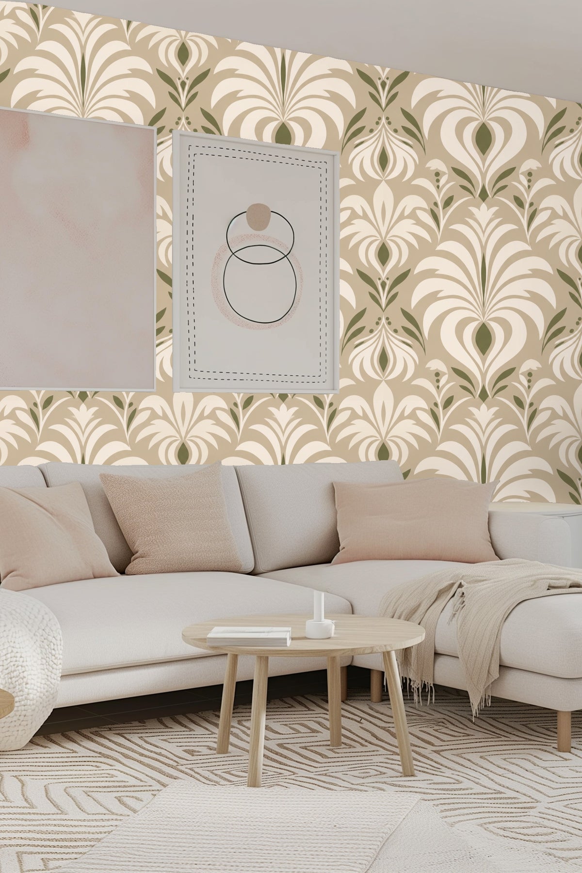 Olive Grove Deco wallpaper matched with rattan headboard and white bedding