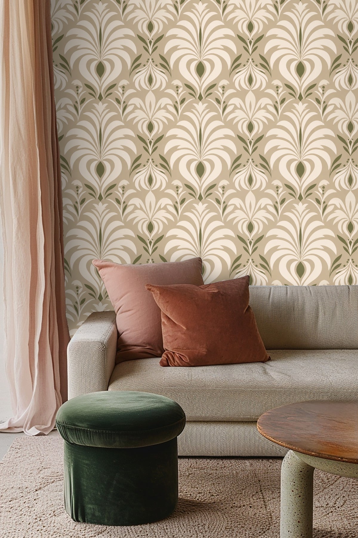 Room atmosphere with Olive Grove Deco wallpaper and minimal furniture