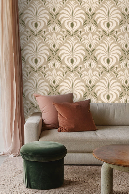 Room atmosphere with Olive Grove Deco wallpaper and minimal furniture