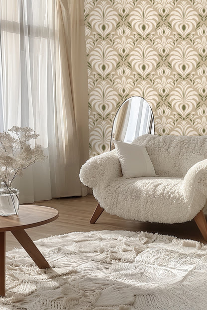 Olive Grove Deco wallpaper in natural light showing texture and color