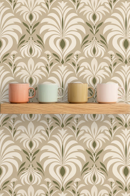 Close-up on Olive Grove Deco wallpaper showing leaf motif details