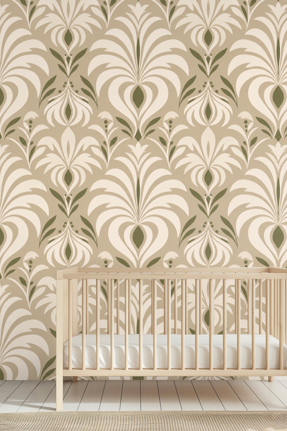 Nursery with light wood crib and Olive Grove Deco wallpaper