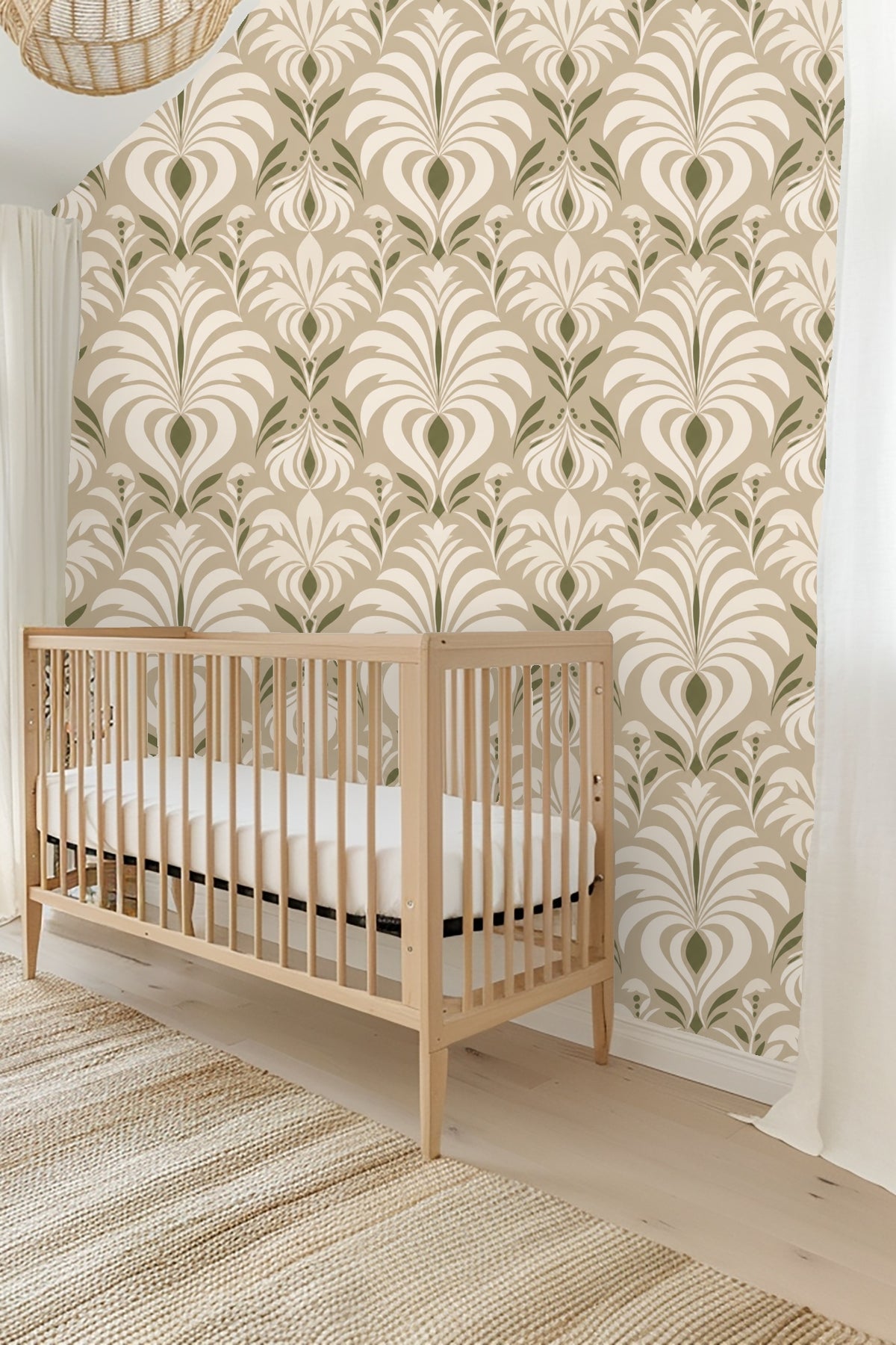 Pattern repeat of Olive Grove Deco wallpaper showing midcentury leaf shapes