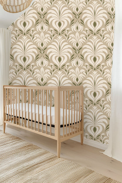 Pattern repeat of Olive Grove Deco wallpaper showing midcentury leaf shapes
