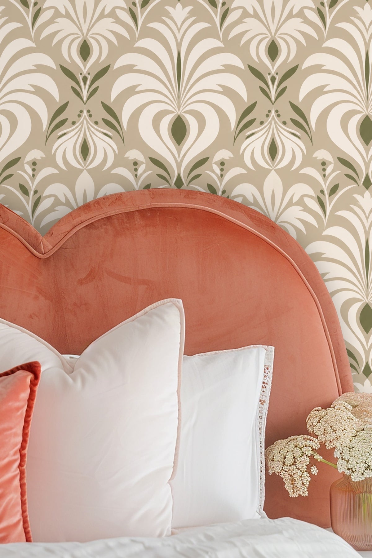 Full wall in bedroom with Olive Grove Deco wallpaper and beige pillow