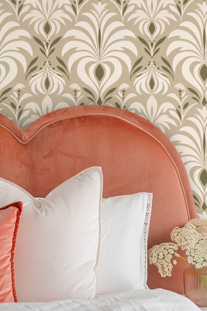 Full wall in bedroom with Olive Grove Deco wallpaper and beige pillow