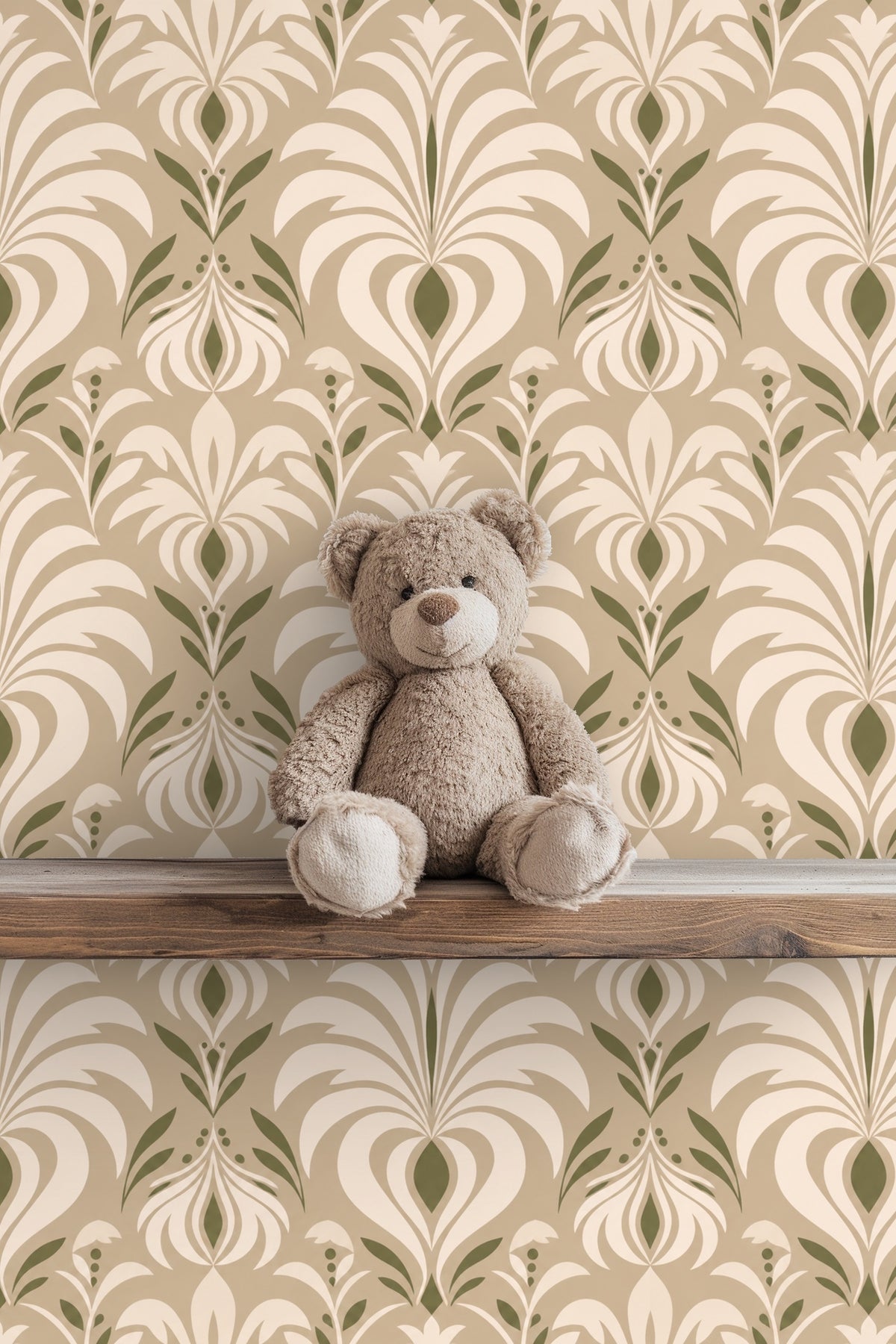 Segment of wallpaper showing olive green accents in Olive Grove Deco