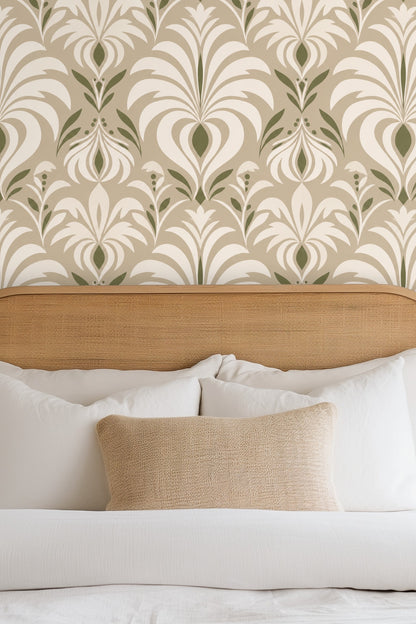 Bedroom wall covered in Olive Grove Deco wallpaper behind wood headboard