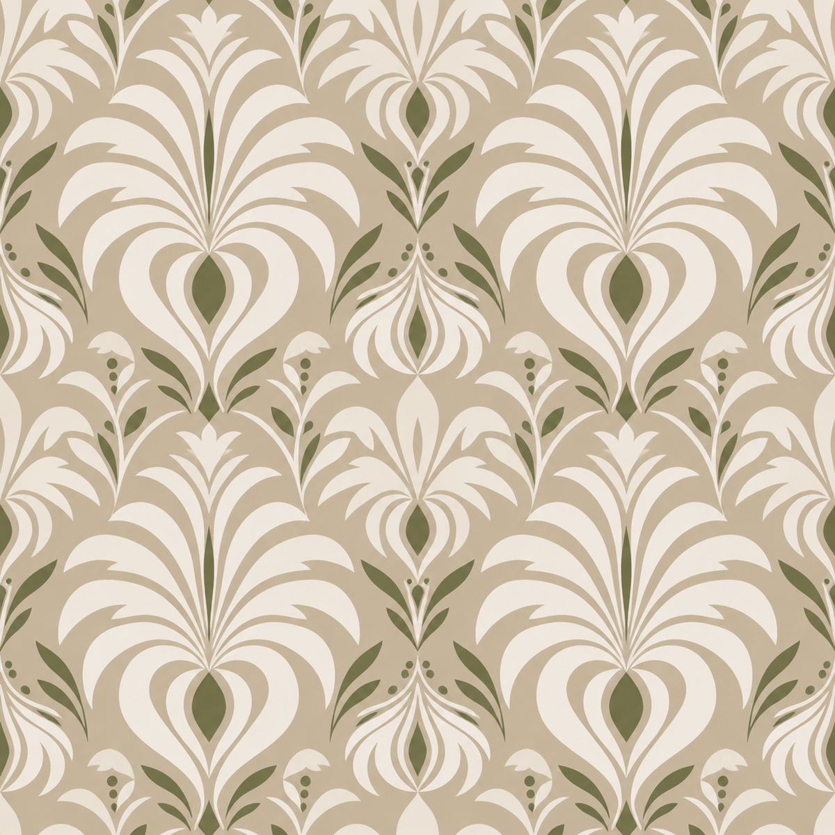 Pattern edges and join lines visible in Olive Grove Deco wallpaper