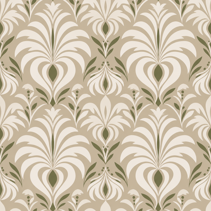 Pattern edges and join lines visible in Olive Grove Deco wallpaper