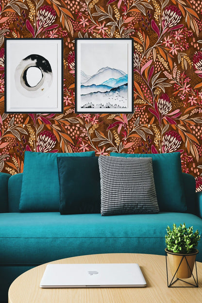 Wide view showing wallpaper behind light wood furniture and simple white flower decor