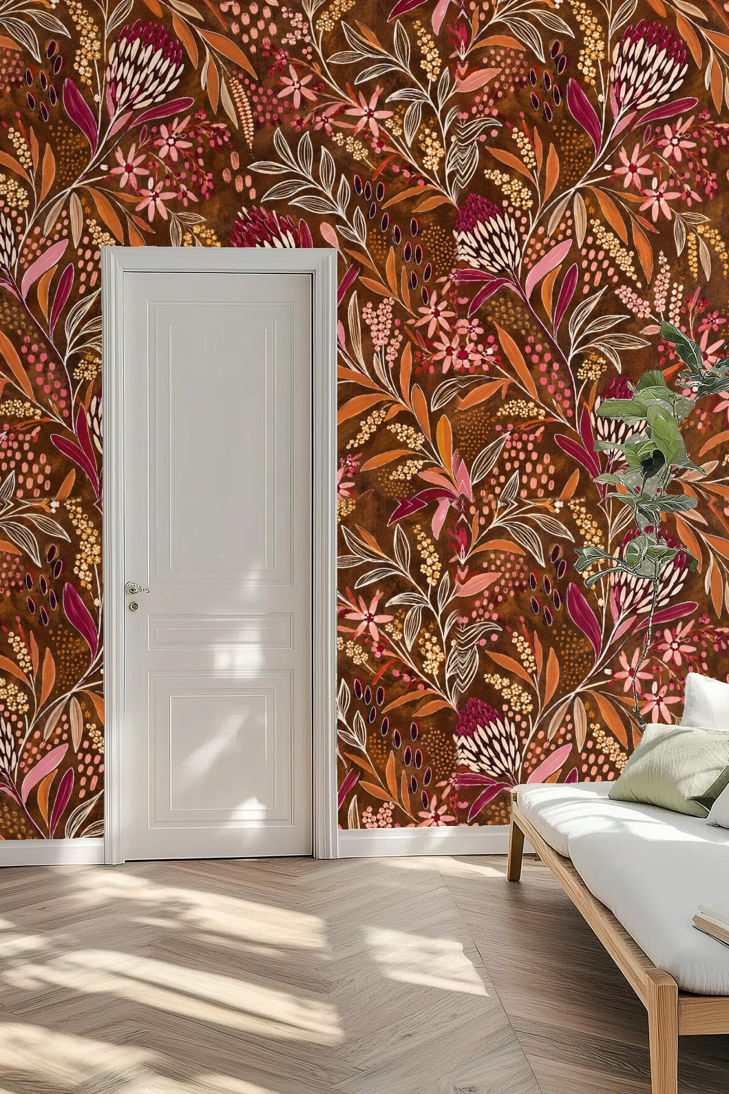 Entryway wall showcasing cerise thicket wallpaper with rattan cabinet and minimal decor