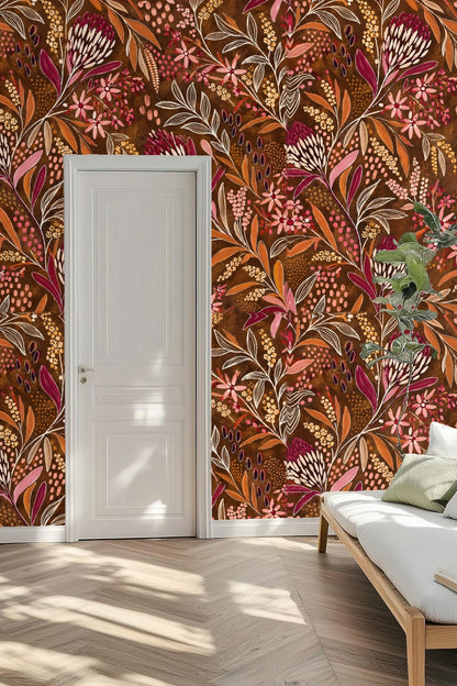 Entryway wall showcasing cerise thicket wallpaper with rattan cabinet and minimal decor