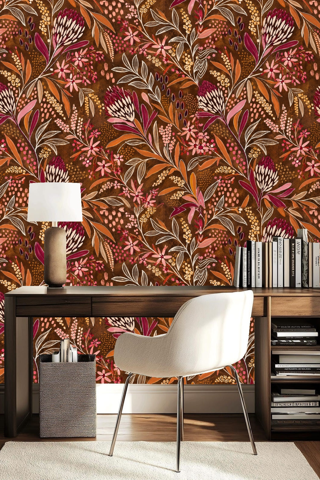 Pattern repeat view of protea and floral elements in cerise, maroon, and ochre