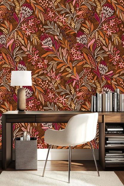 Pattern repeat view of protea and floral elements in cerise, maroon, and ochre