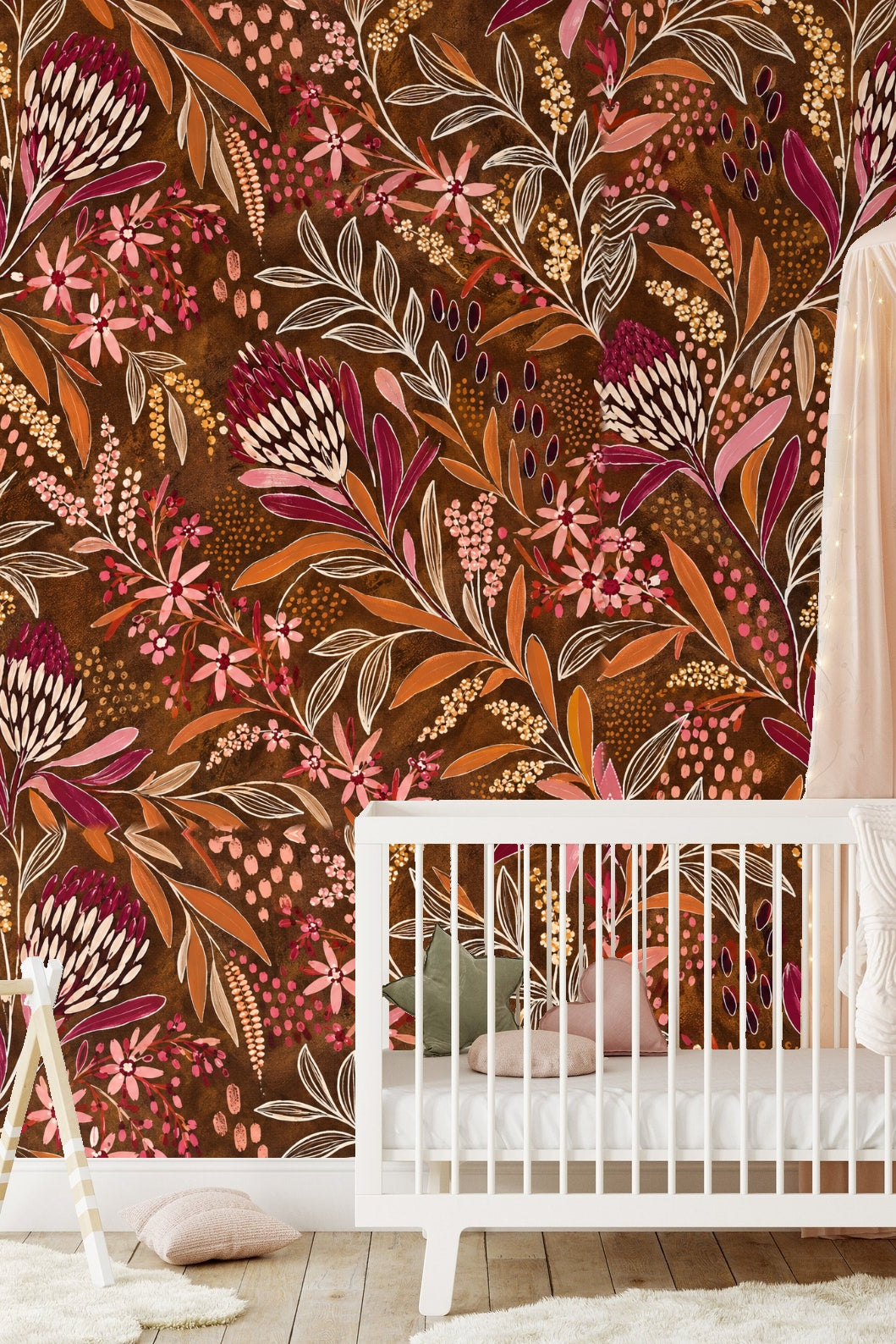 Section highlighting contrast between dark maroon foliage and soft pastel petals