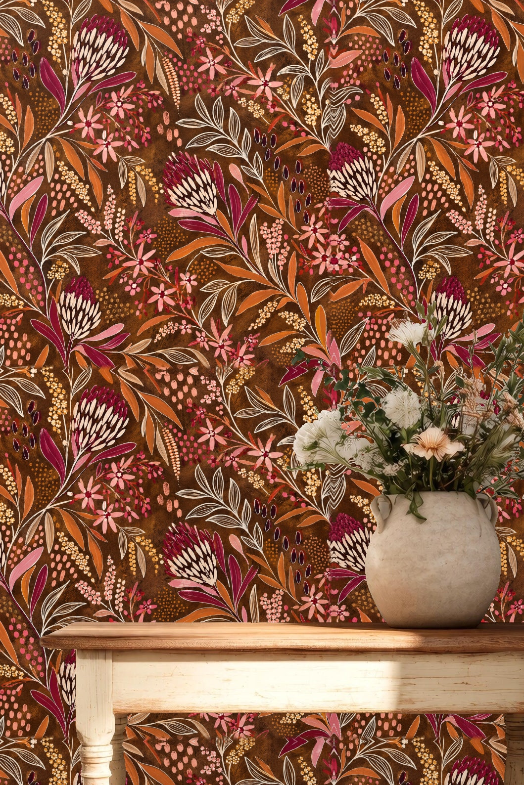 Mixed abstract dots and clusters enhance depth on burnt sienna wallpaper