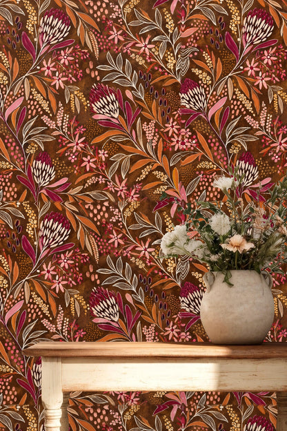 Mixed abstract dots and clusters enhance depth on burnt sienna wallpaper