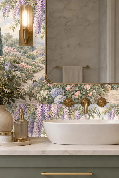 Bedroom wall with wallpaper of cascading wisteria above olive green headboard