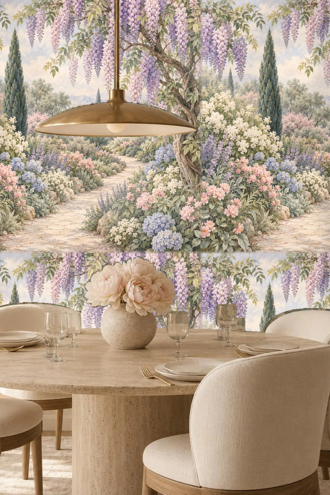 Perspective showing stone path winding through pastel floral garden wallpaper