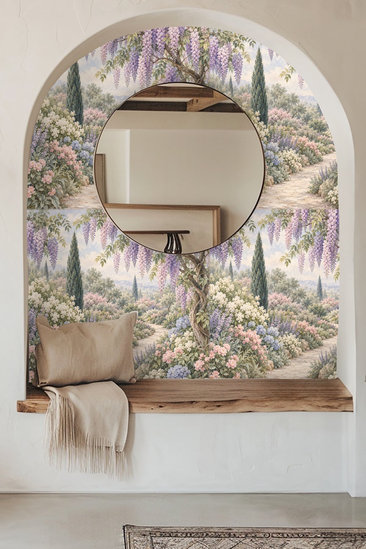 Close-up of twisted wisteria vine and detailed flower clusters in wallpaper