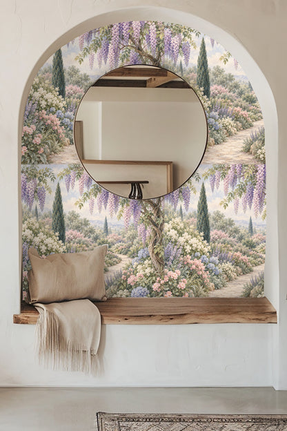 Close-up of twisted wisteria vine and detailed flower clusters in wallpaper