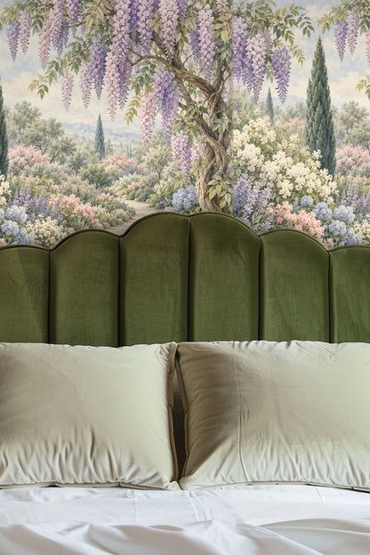 Original artwork of pastel wisteria and floral garden path wallpaper