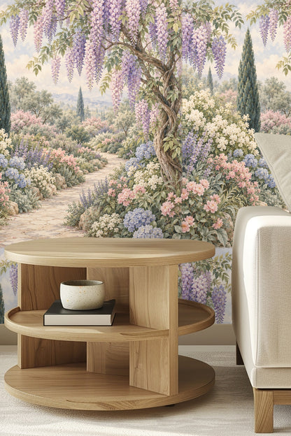 Bathroom close-up of botanical wallpaper with wisteria under gold light fixture