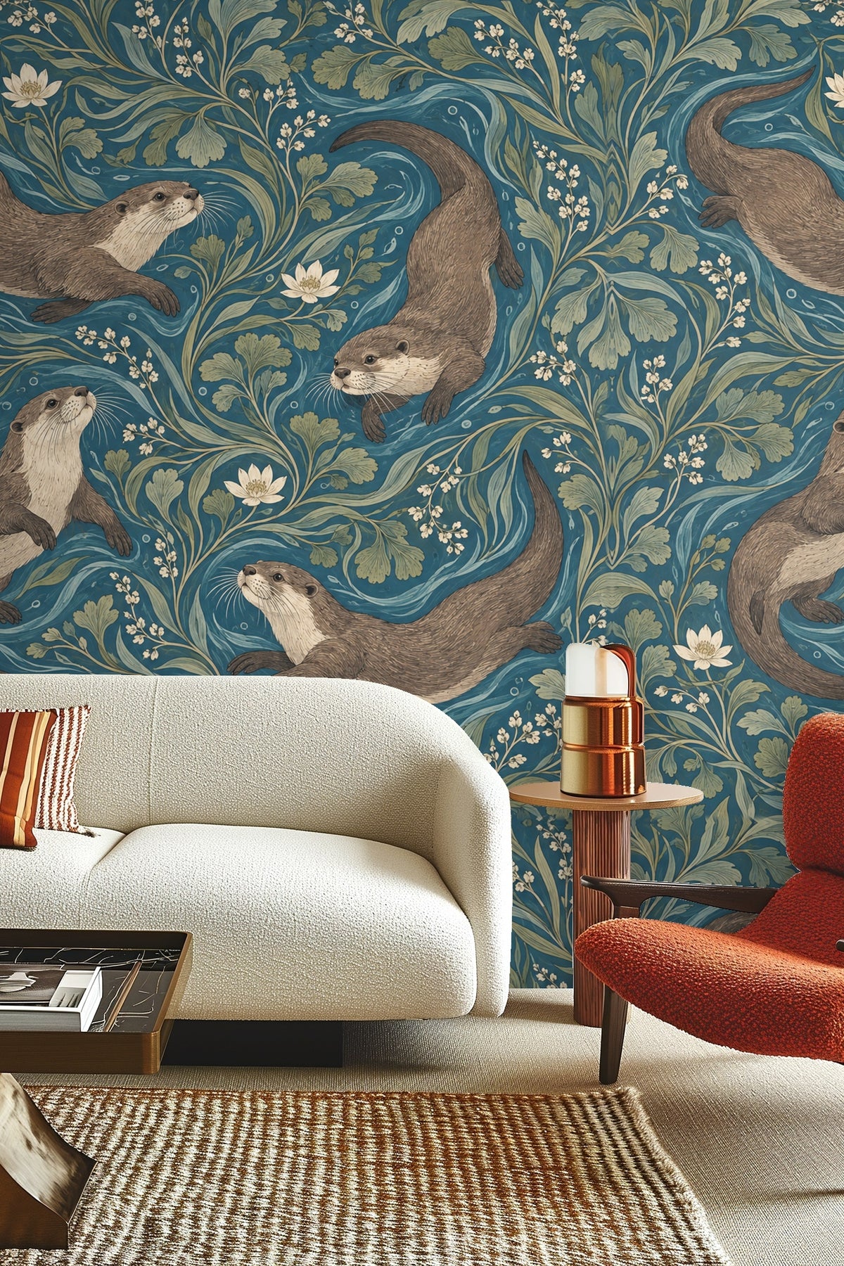 Stylized white flowers and green leaves on a flowing blue background with swimming otters