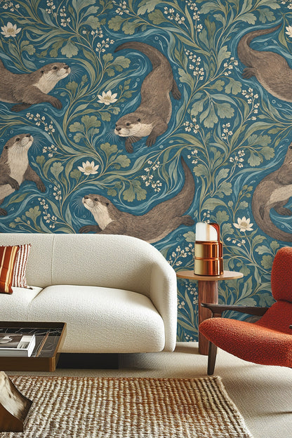 Stylized white flowers and green leaves on a flowing blue background with swimming otters