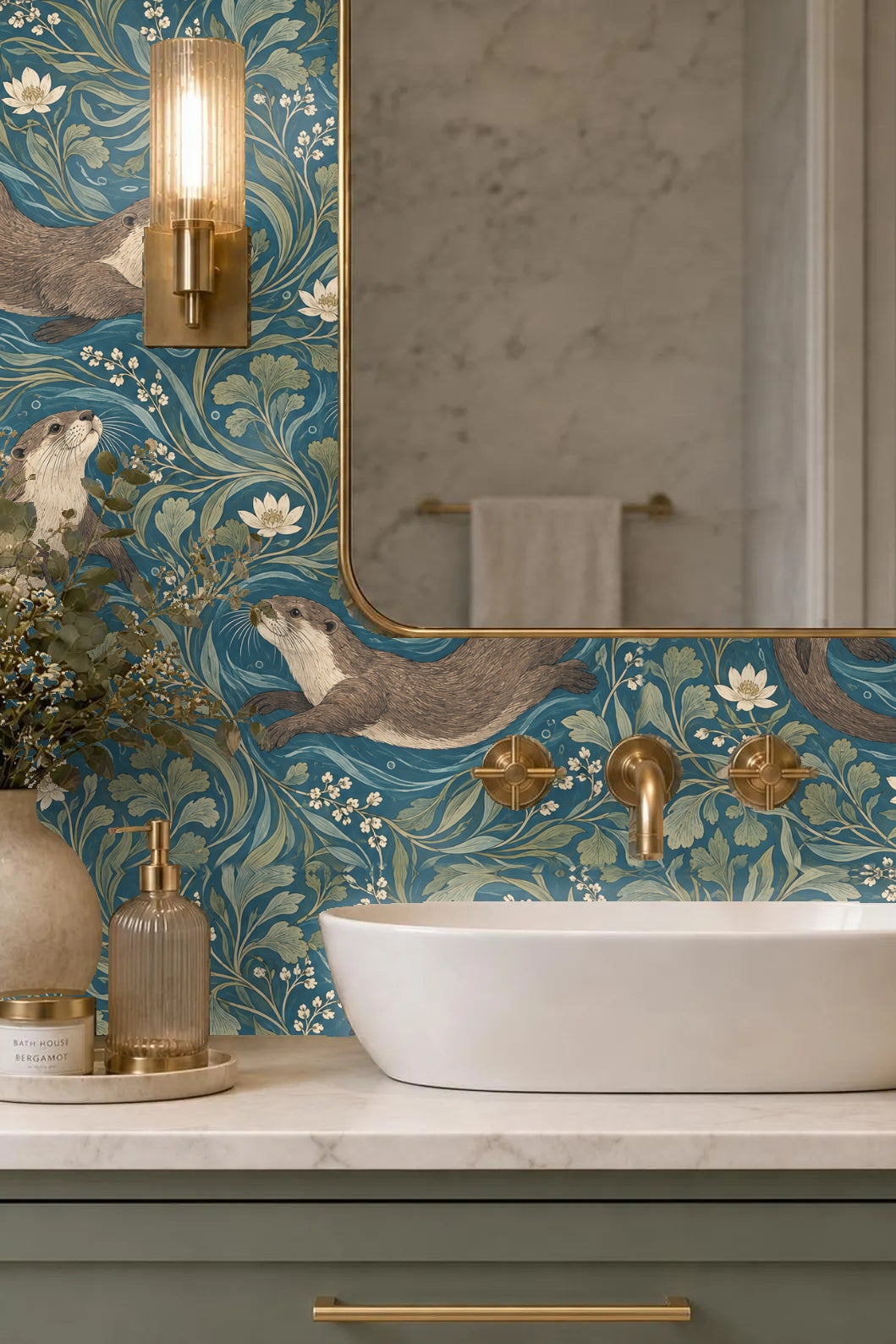 Pattern of swimming otters among green botanical foliage on a blue background
