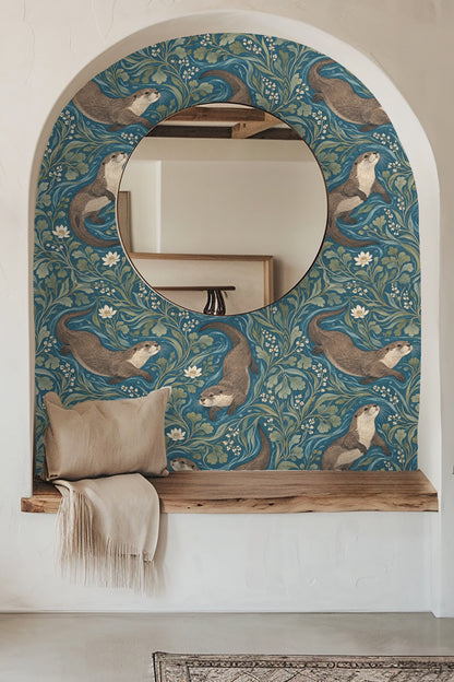 Close-up detail of otter fur texture and leaf shapes in the wallpaper artwork