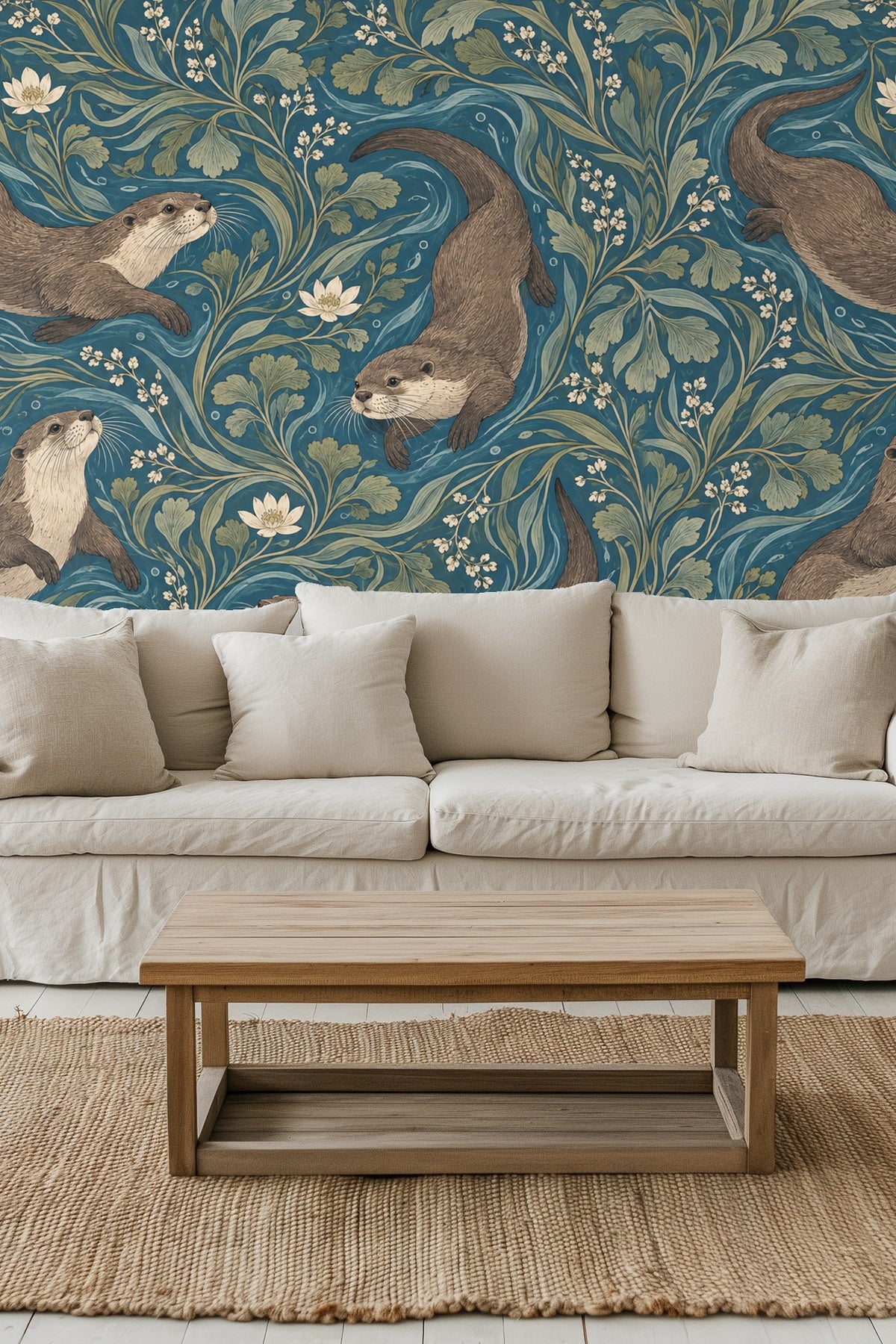 Living room wall showcasing otter and foliage wallpaper with neutral sofa and wooden coffee table