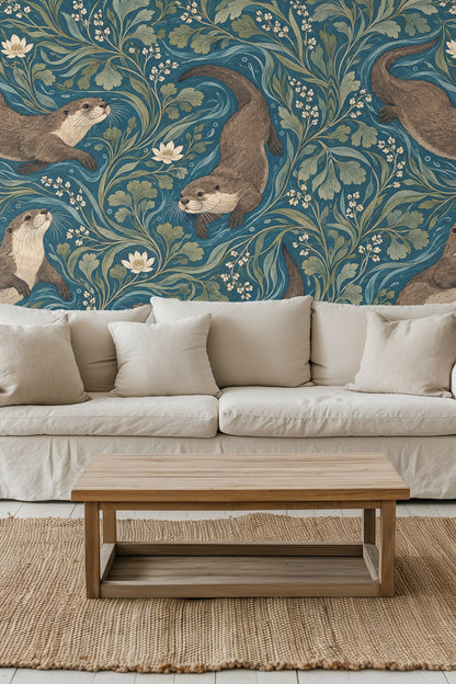Living room wall showcasing otter and foliage wallpaper with neutral sofa and wooden coffee table