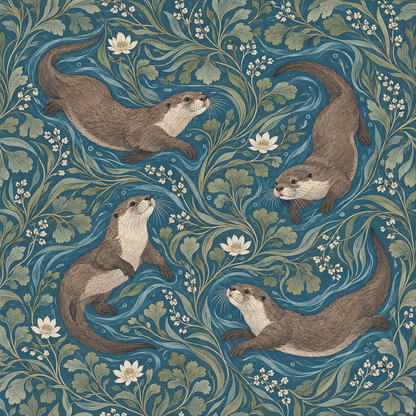 Wallpaper motif providing a natural, whimsical scene of water and wildlife