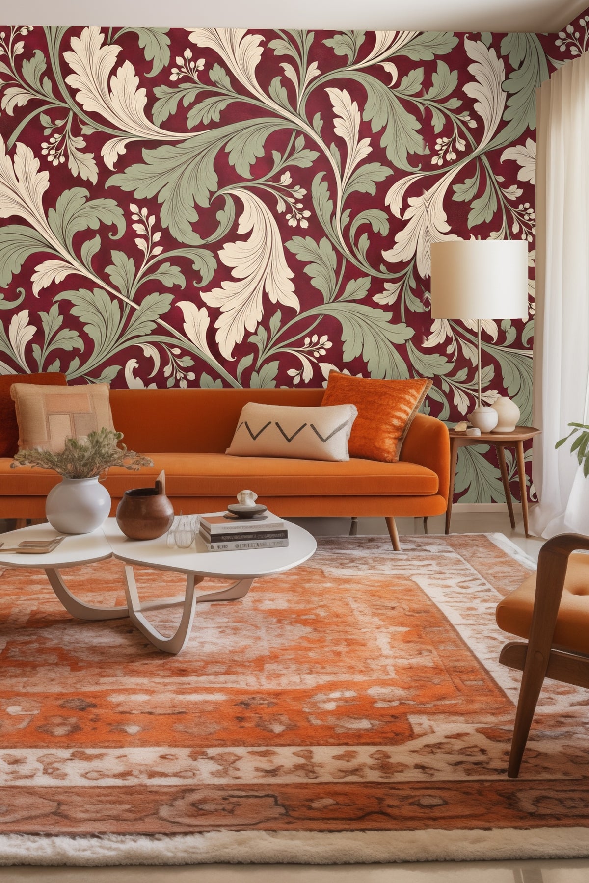 Wallpaper pattern with large acanthus leaves in cream and sage on crimson background