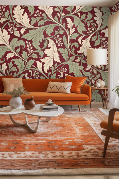 Wallpaper pattern with large acanthus leaves in cream and sage on crimson background