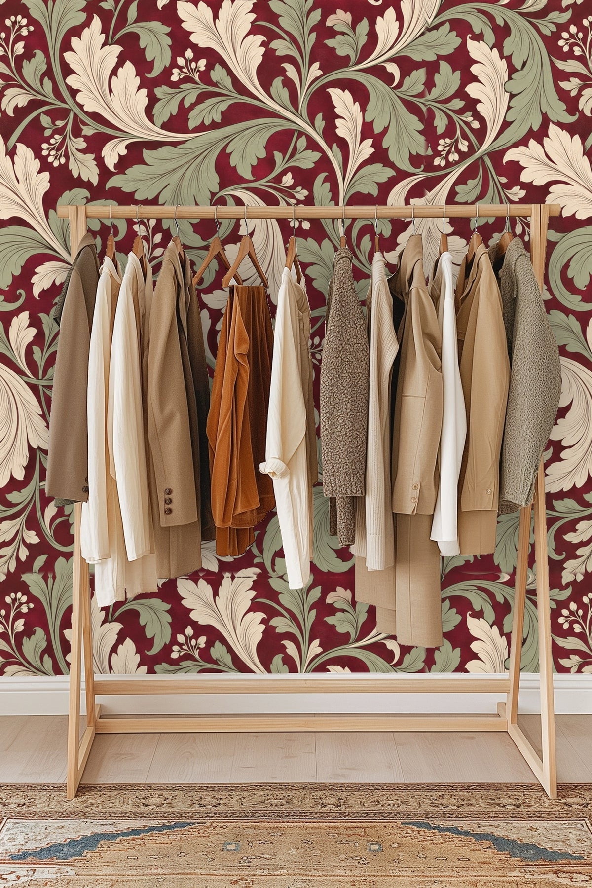 Living room scene showcasing bold leaf wallpaper behind mid-century orange couch