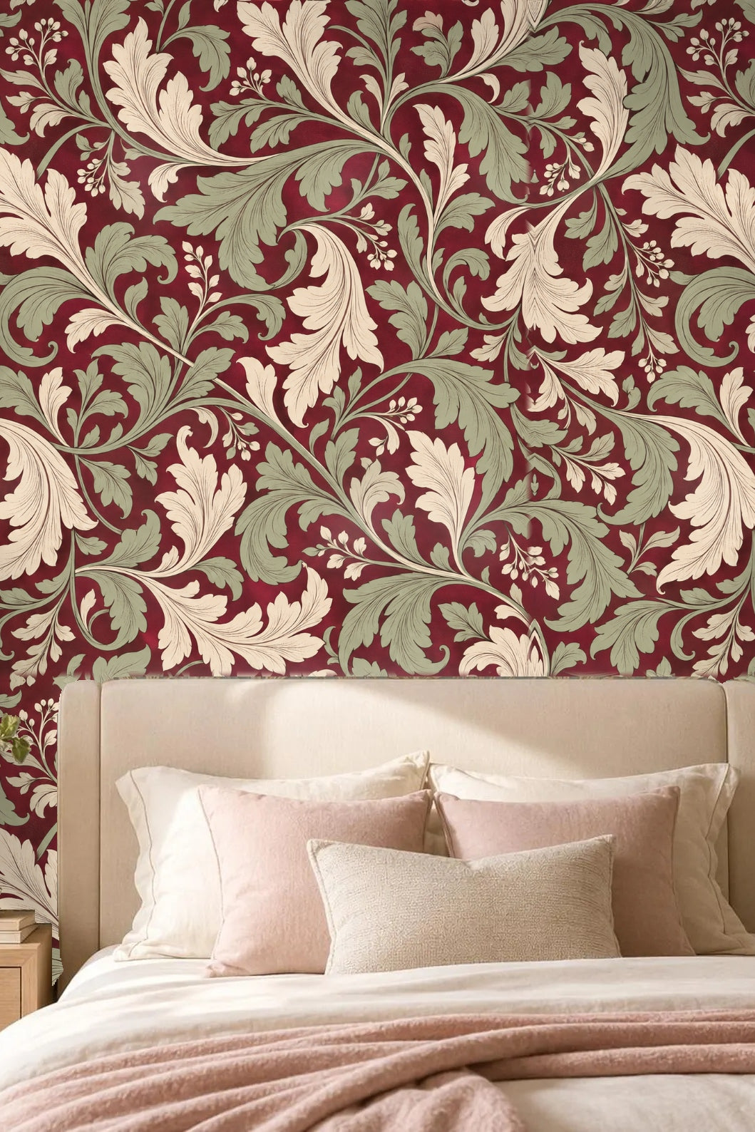 Detail of large flowing acanthus leaf motif in cream and sage on deep crimson background