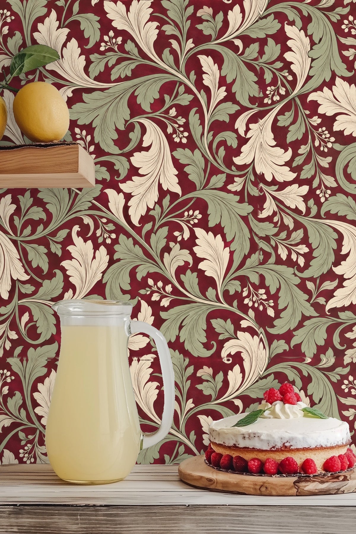 Decorative acanthus leaf wallpaper framing circular mirror in white plaster niche