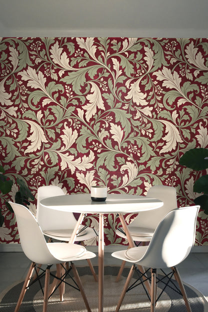 Textural detail of leaf and berry botanical pattern in cream and green over red