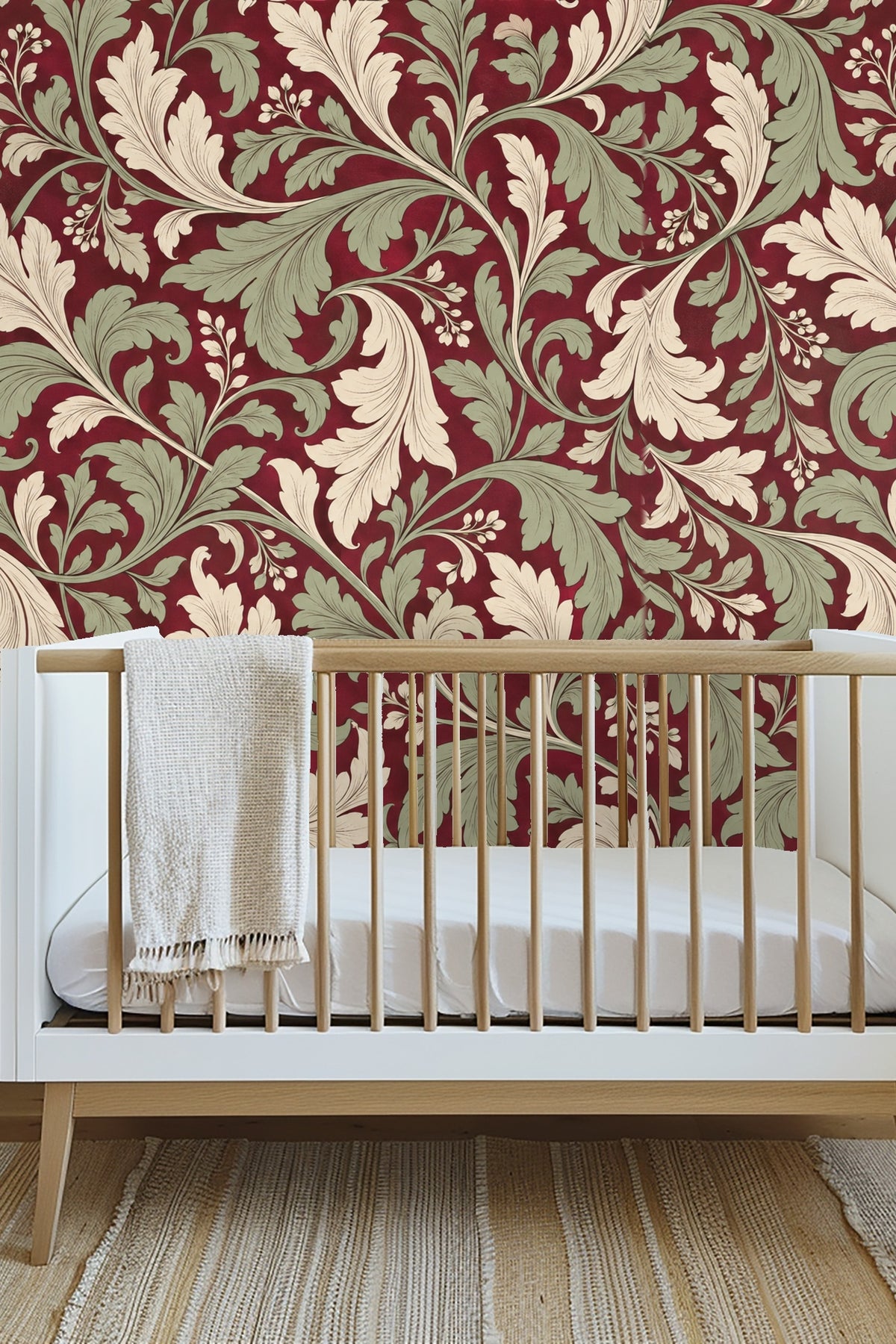 Close-up on swirling acanthus leaves in muted green and ivory on rich red wallpaper