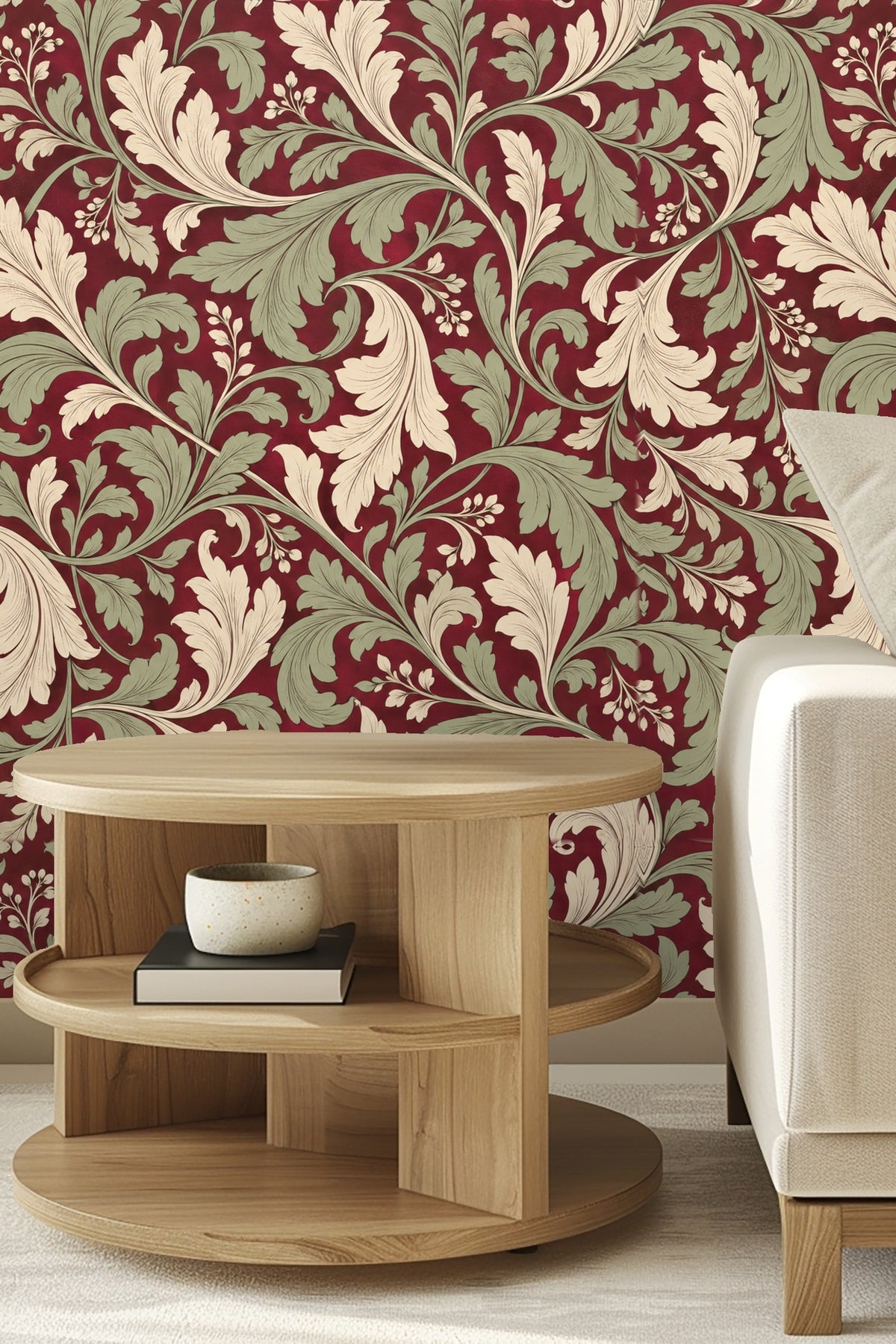 Arched wall niche featuring crimson wallpaper with cream and sage scrolling foliage around a round mirror