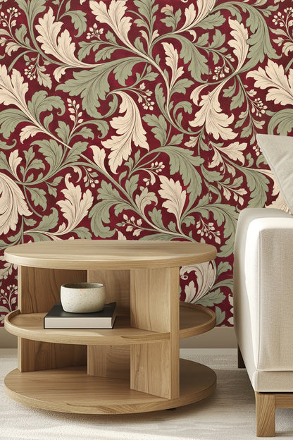Arched wall niche featuring crimson wallpaper with cream and sage scrolling foliage around a round mirror